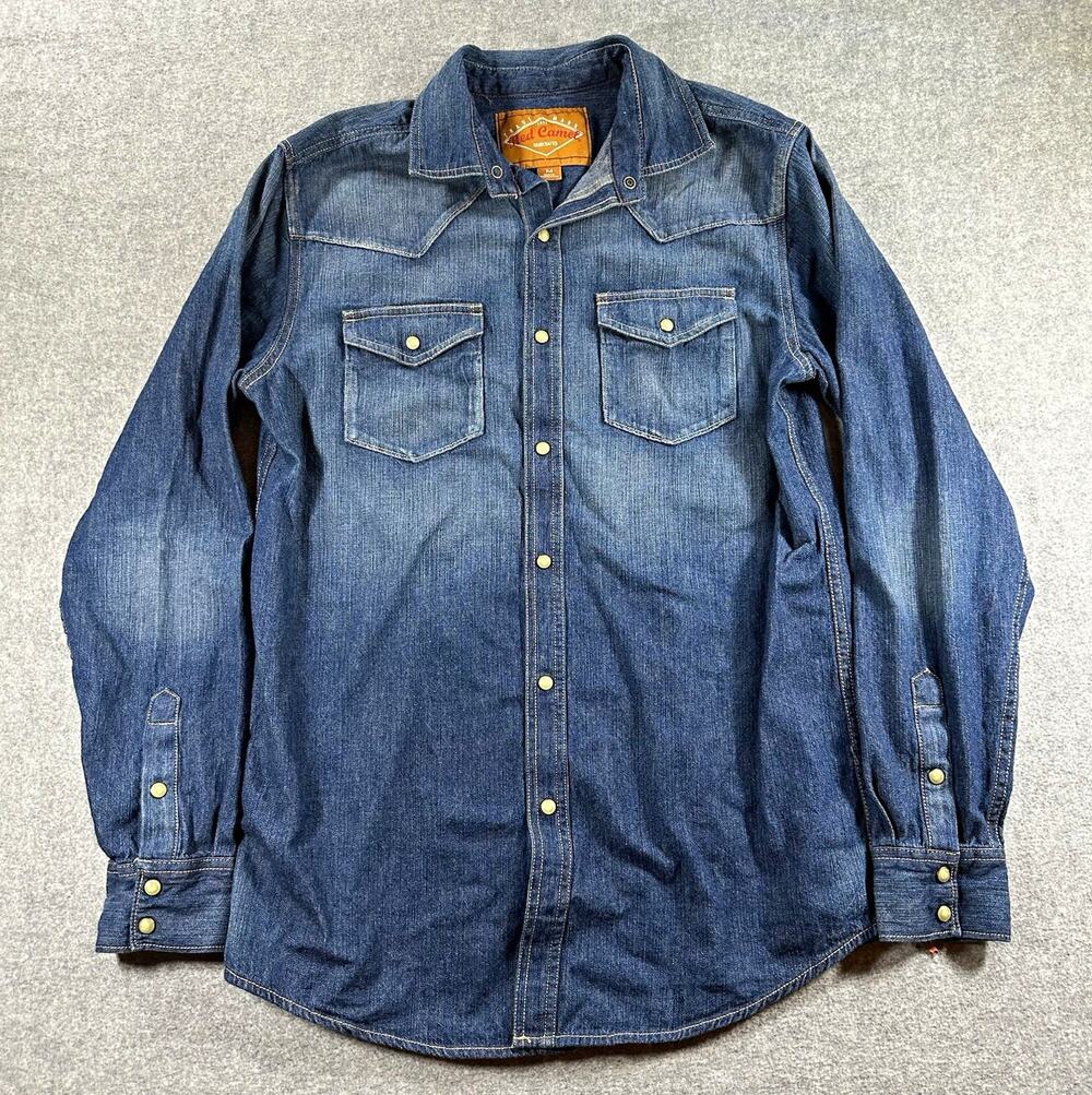 Red Camel Denim Cotton Button-Up Shirt Men's M Long Sleeve Pockets Blue Solid